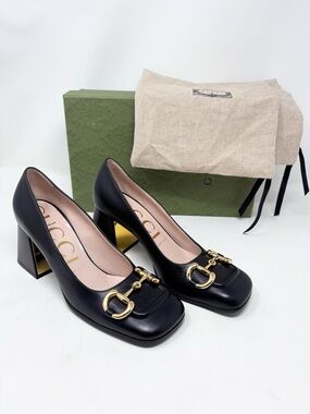 NEW Gucci Baby Horsebit Black Leather Pump Square Toe Malaga Kid size 37 EU 7 US